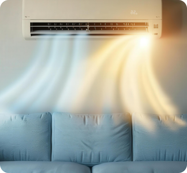 Wall-mounted AC unit circulating cool air in a living room