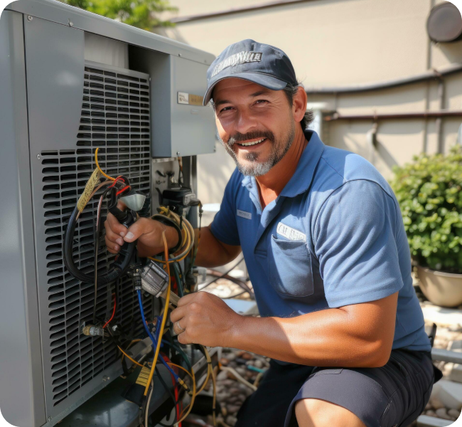 HVAC technician repairing an air conditioner condenser at a Haverhill MA home