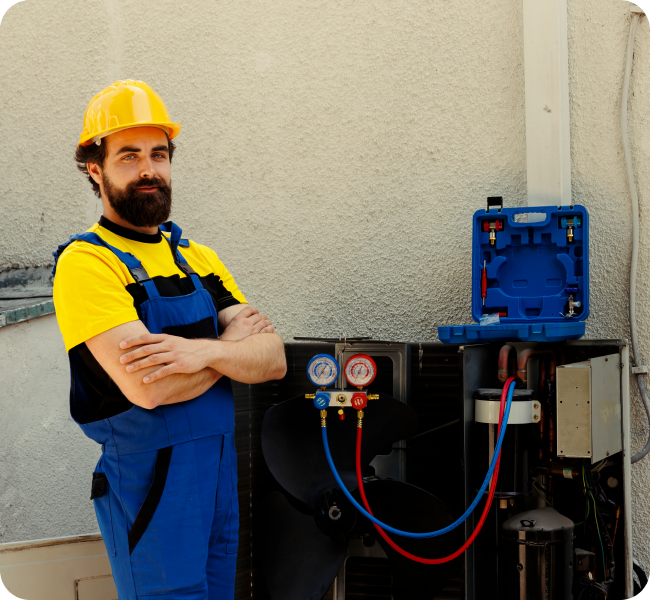Heat pump technician with refrigerant gauges at an outdoor unit