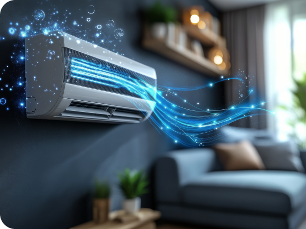 Wall-mounted ductless mini-split air conditioner cooling a living room