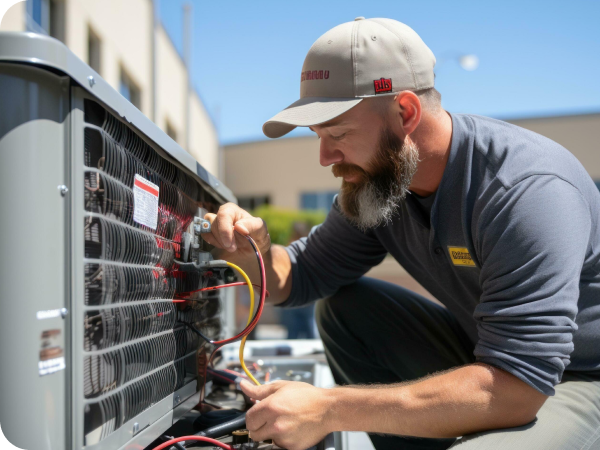 Technician repairing wiring on a central air conditioner condenser