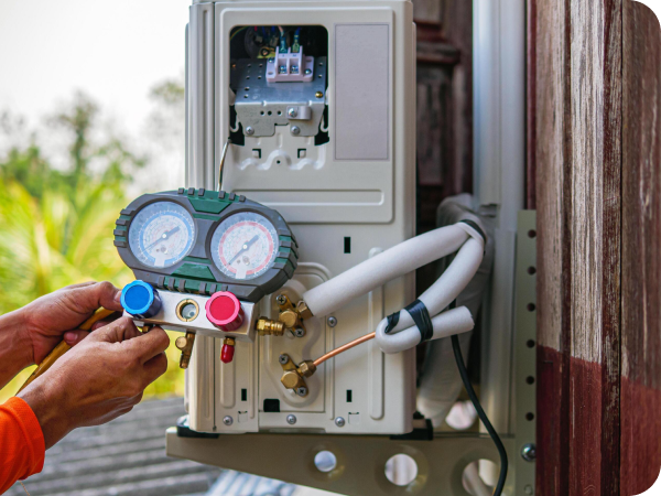 Technician testing refrigerant pressure on a heat pump with service gauges