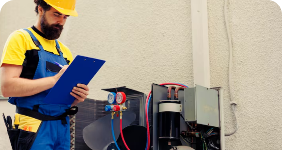 Technician documenting a heat pump service inspection