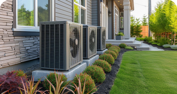 Row of air conditioner condensers outside a well-kept home