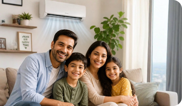 Family relaxing in a cool living room under a ductless AC unit