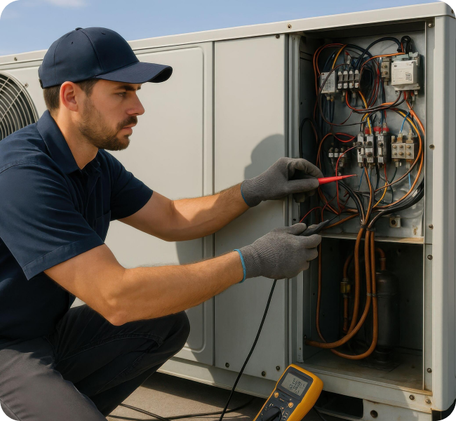 AC repair technician diagnosing an air conditioner electrical panel in Haverhill MA
