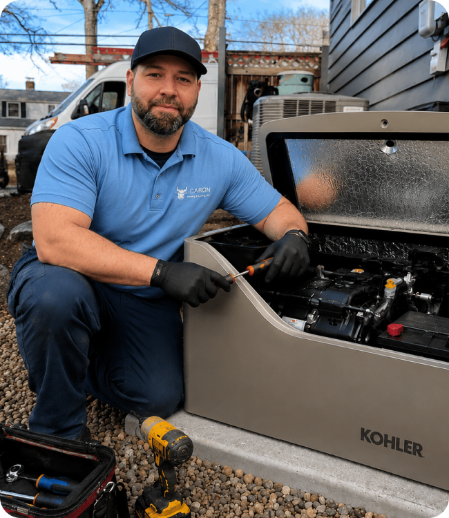 Caron Heating & Cooling technician servicing a Kohler whole-home standby generator